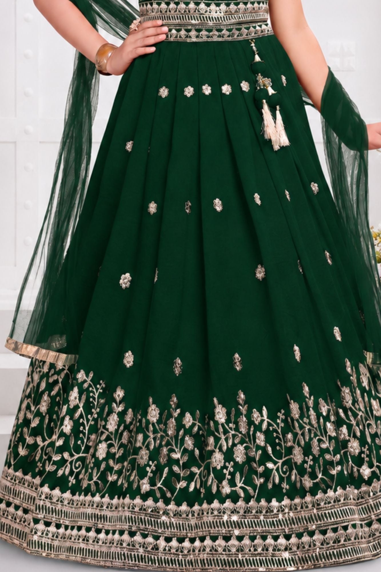 Girls Emerald Green Floral Zari Embroidered Lehenga Choli Set With Dupatta