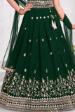 Girls Emerald Green Floral Zari Embroidered Lehenga Choli Set With Dupatta