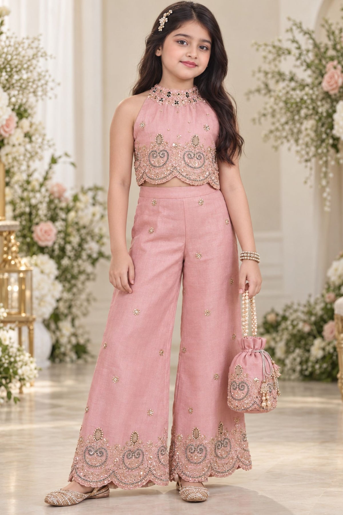 Designer Wear Dusty Pink Zari Embroidered Palazzo Set
