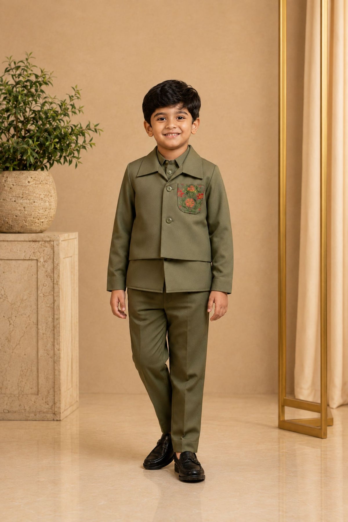 Olive Green Festive Kurta Pyjama Set with Jacket For Boys