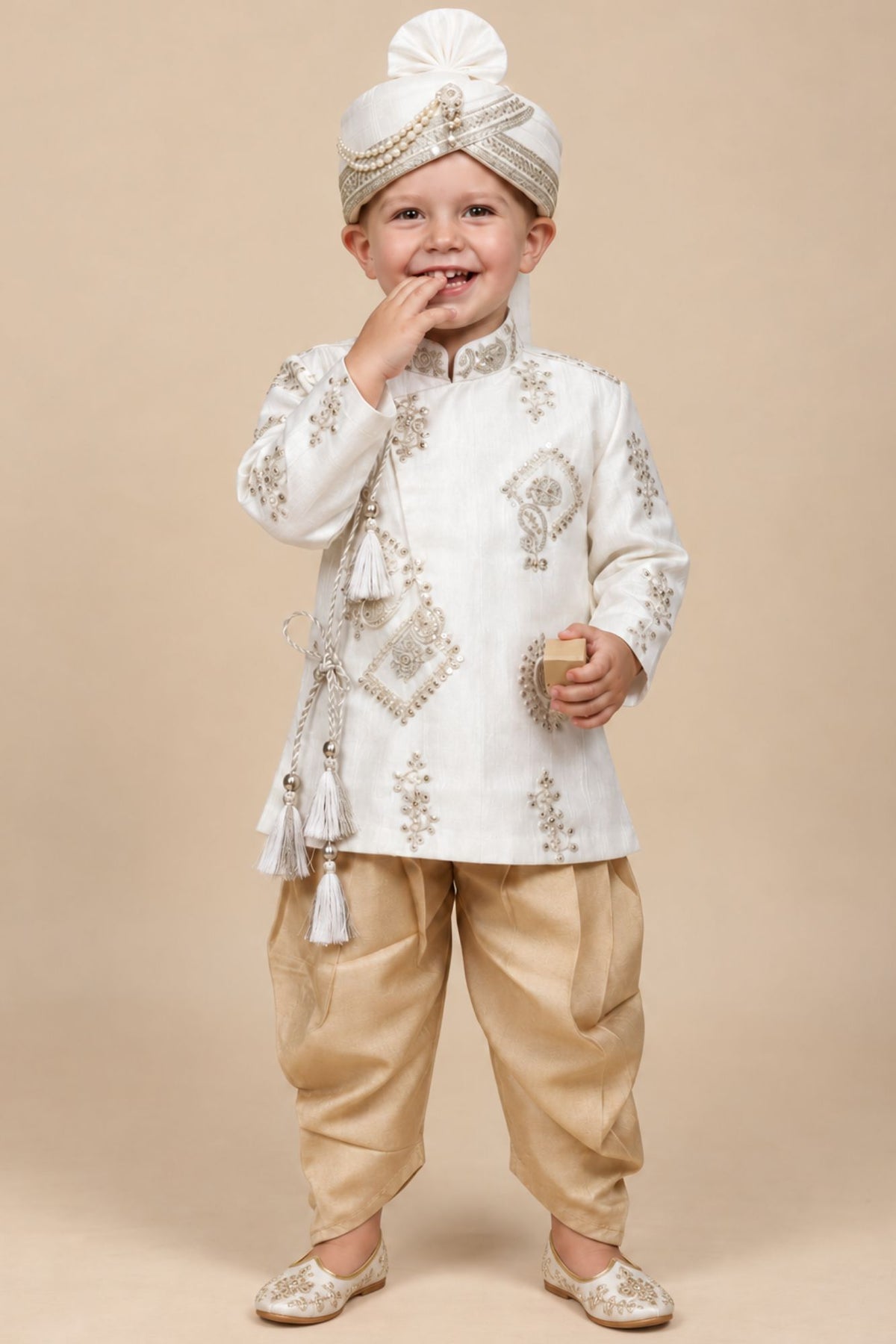 Boys Regal Off-White Intricate Floral Embroidered Dhoti Set