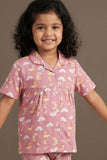 Dusty Pink Unicorn And Cloud Print Night Suit Set For Girls