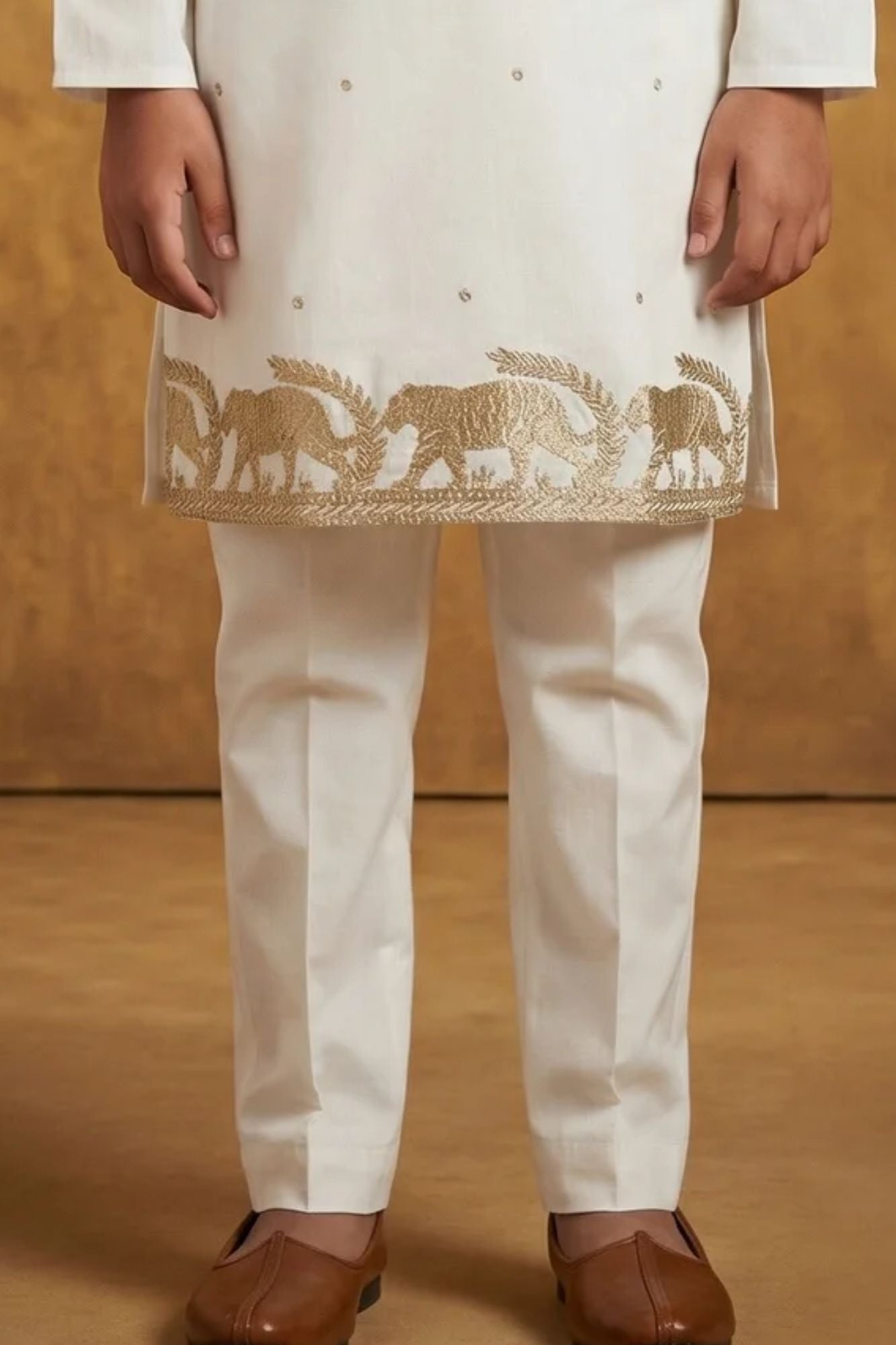 Boys White Kurta Pajama Set With Golden Zari Embroidery And Shawl