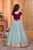 Wine & Ice Blue Silk Pattu Pavadai with Puff Sleeves For Girls