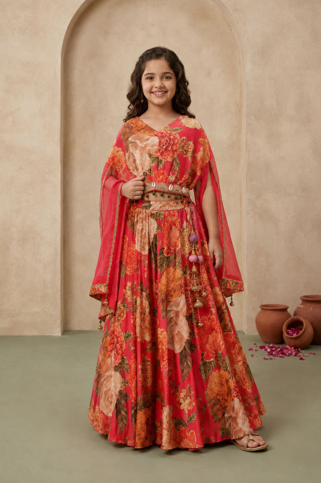 Coral Pink Floral Printed Cape Style Lehenga Choli