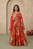 Coral Pink Floral Printed Cape Style Lehenga Choli