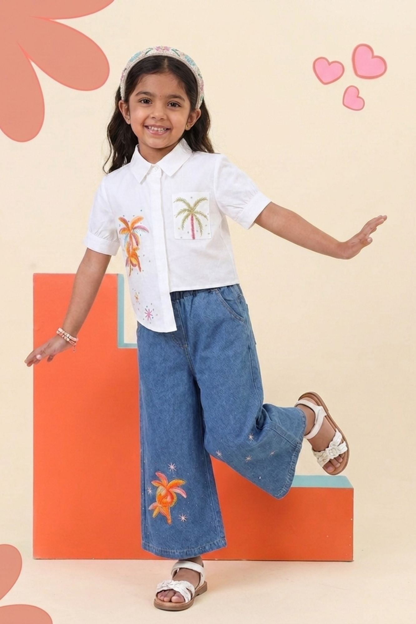 Girls White Printed Shirt with Denim Wide-Leg Pants Set