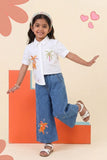 Girls White Printed Shirt with Denim Wide-Leg Pants Set