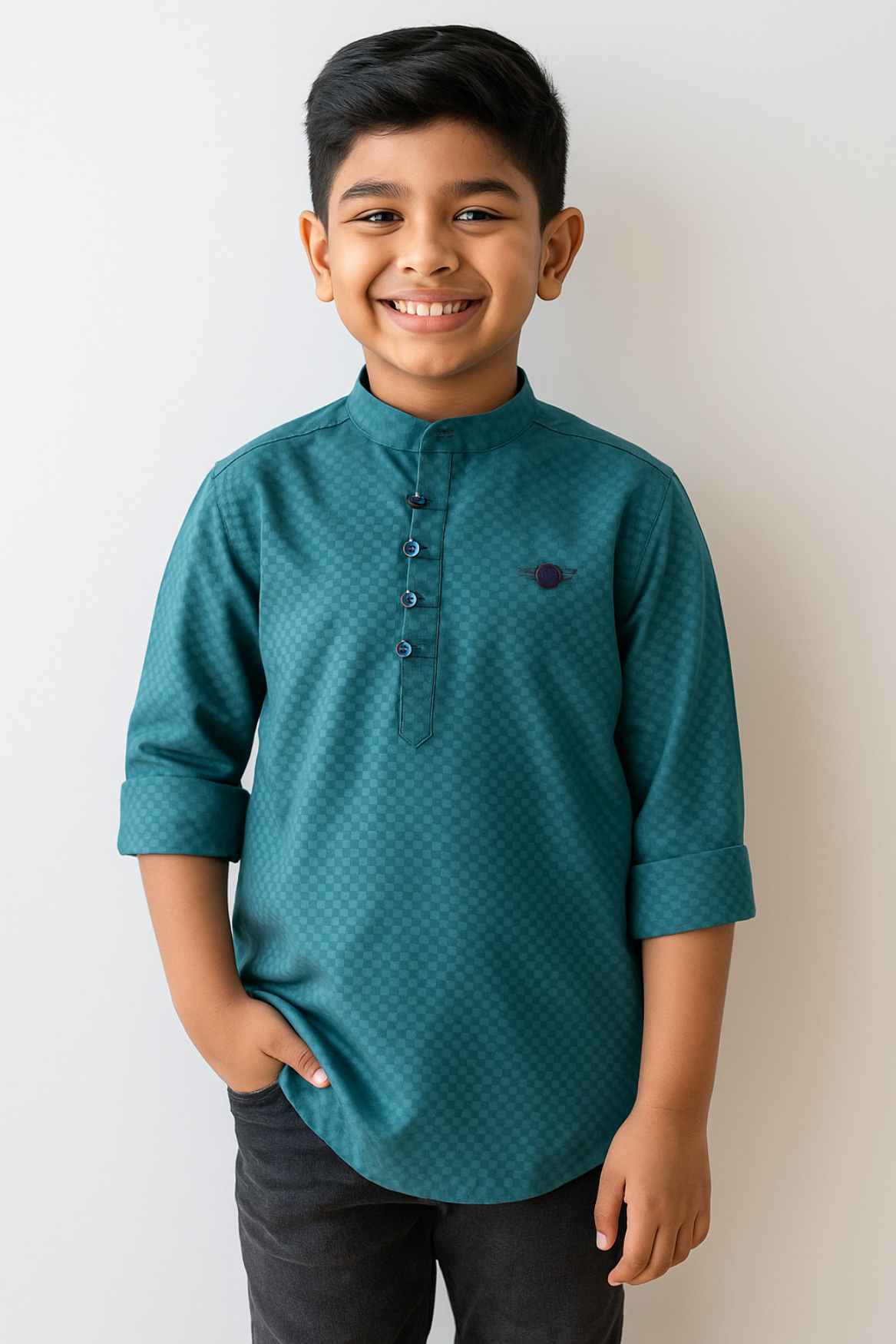 Teal Green Checkered Kurta Shirt With Mandarin Collar And Half Placket For Boys