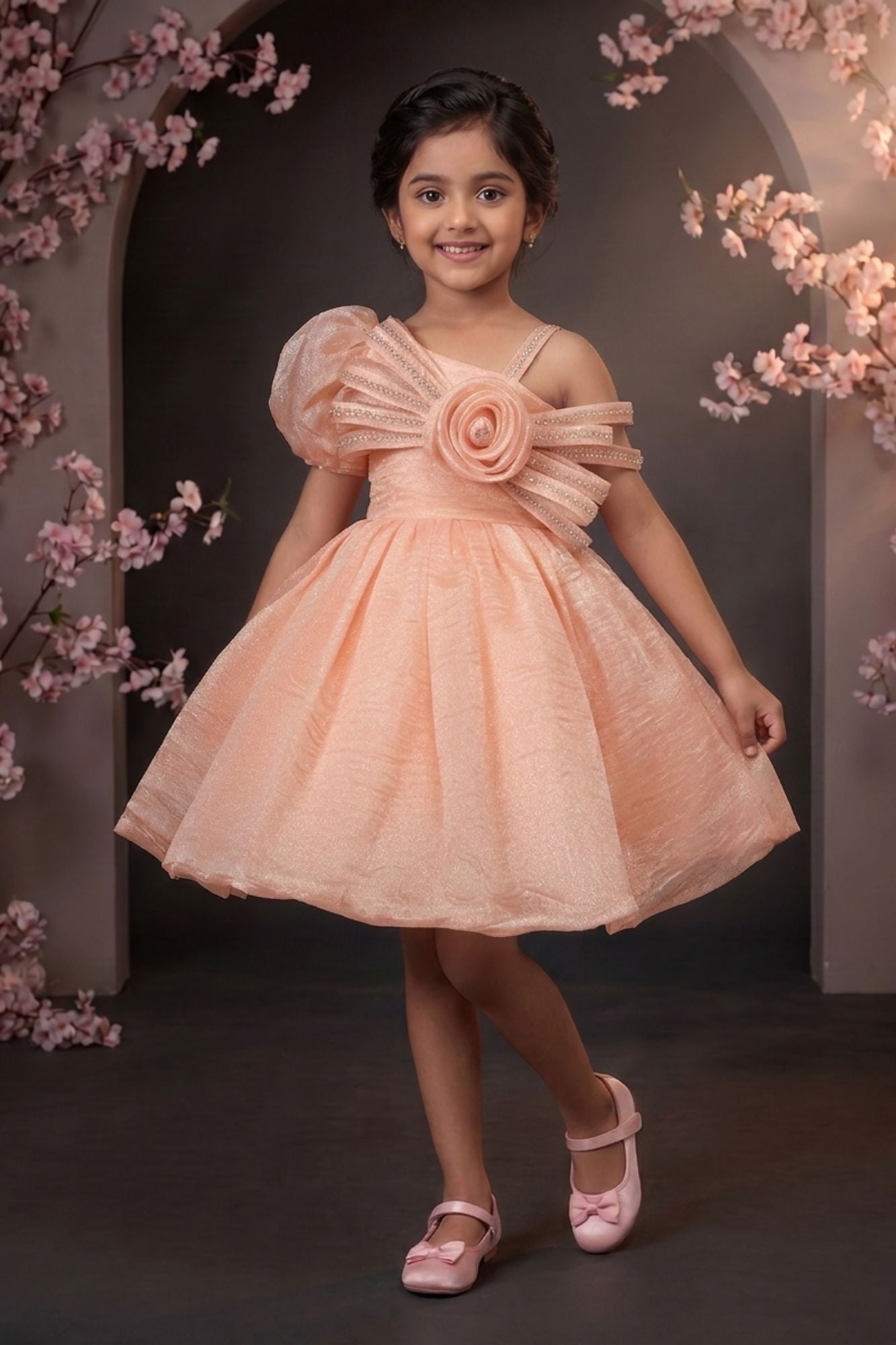 Peach One-Shoulder Party Frock with 3D Floral Bow For Girls