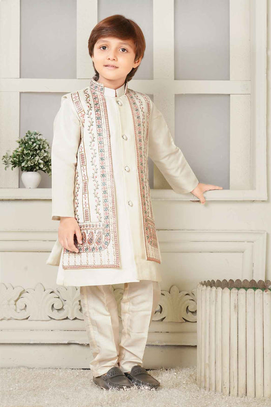 Cream Kurta Set And Open Jacket With Embroidery Work For Boys