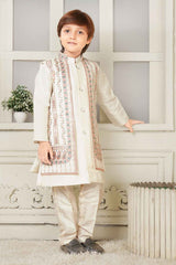 Cream Kurta Set And Open Jacket With Embroidery Work For Boys