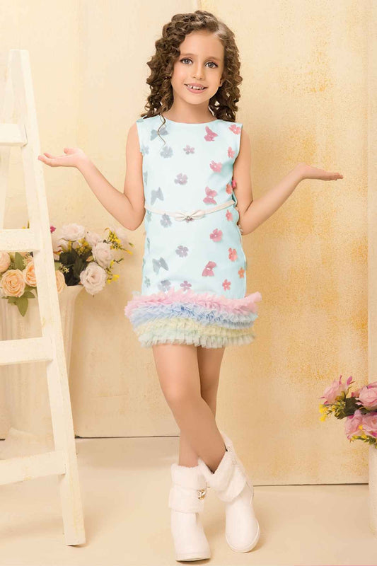 Sky Blue Ruffle Hem Dress With Pastel Flower And Butterfly Detail For Girls