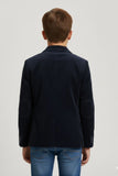 White Graphic T-Shirt with Navy Blue Textured Blazer Set For Boys