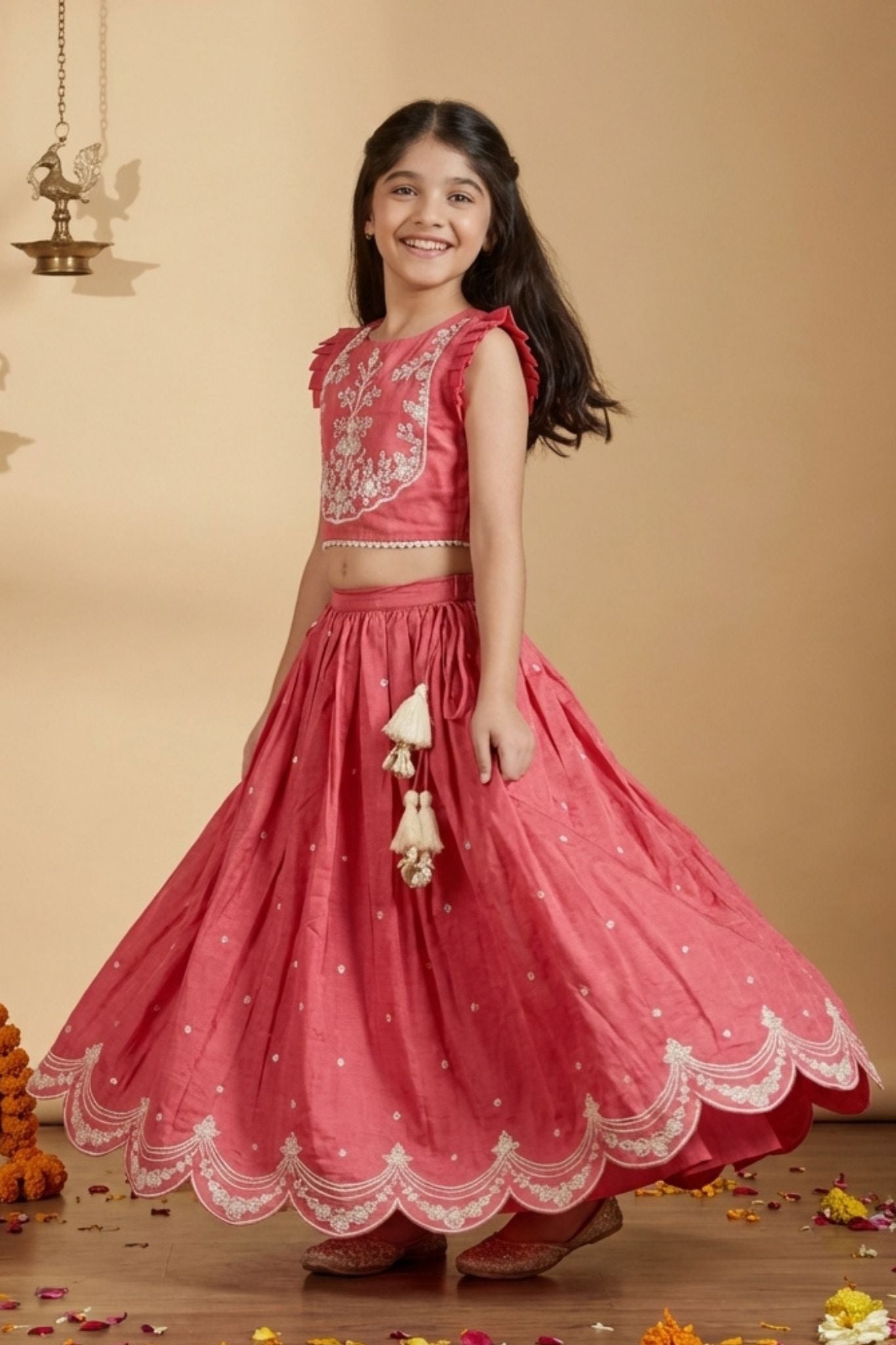 Bright Red Embroidered Lehenga Choli Set For Girls