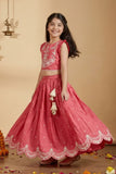 Bright Red Embroidered Lehenga Choli Set For Girls