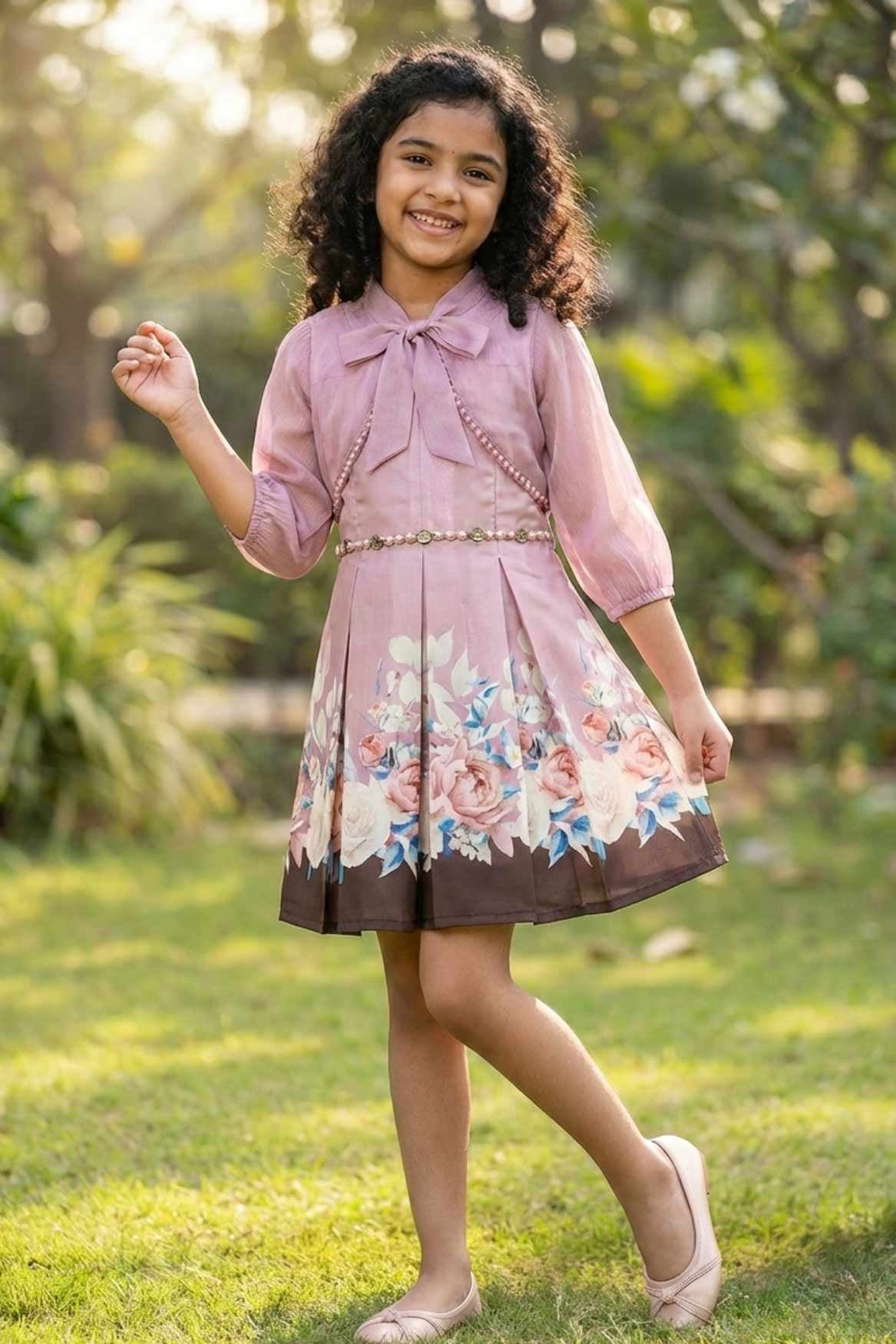 Mauve Floral Fit & Flare Party Dress with Jacket For Girls