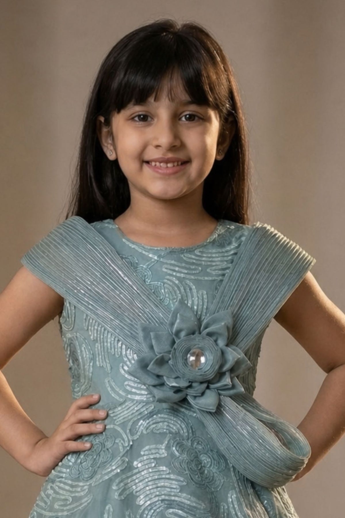 Blue Sequins Embellished Party Gown For Girls