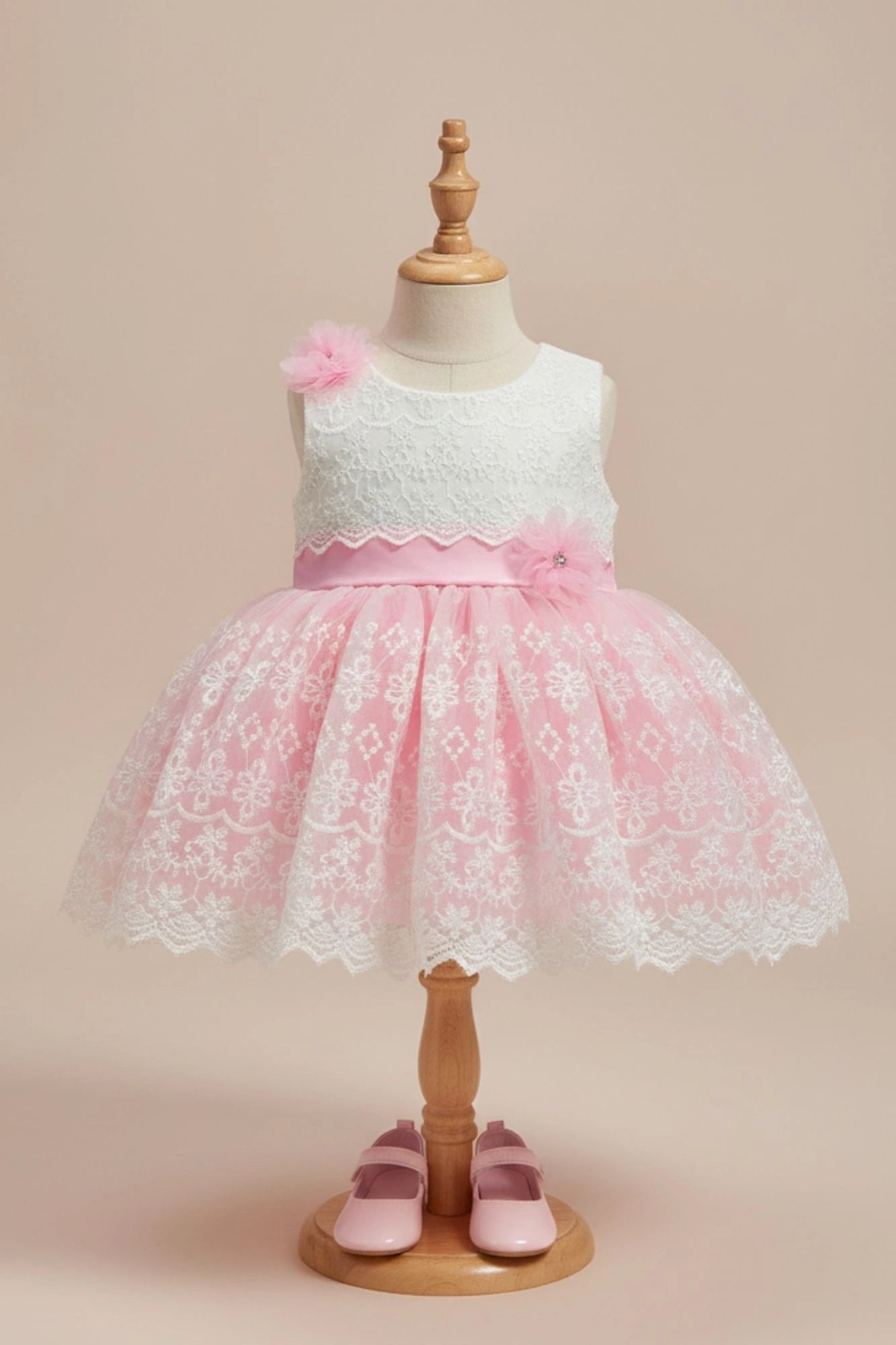 Pink & White Embroidered Party Frock with Floral Appliqué For Girls