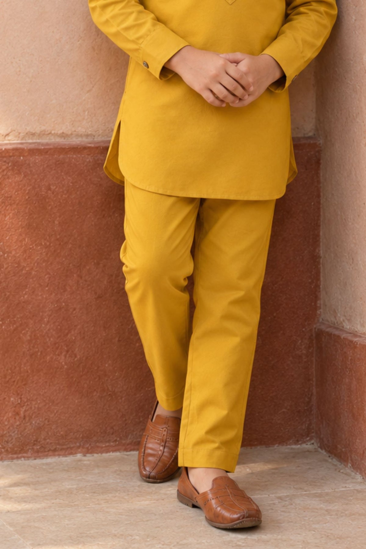 Mustard Yellow Pathani Set With Shirt Collar Design For Boys