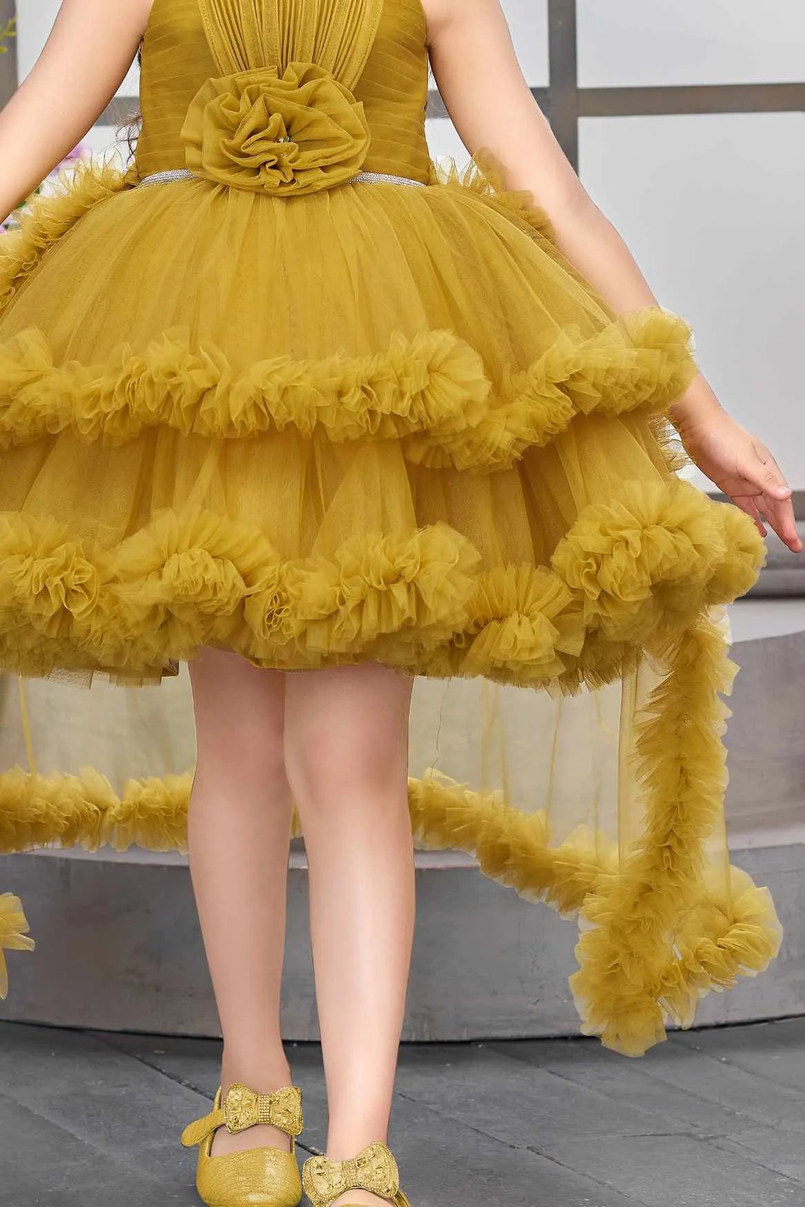 Mustard Layered Ruffle High-Low Party Wear Frock For Girls