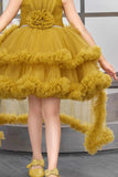 Mustard Layered Ruffle High-Low Party Wear Frock For Girls
