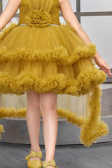 Mustard Layered Ruffle High-Low Party Wear Frock For Girls