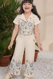 Beige Floral Embroidered Crop Top And Palazzo Set For Girls