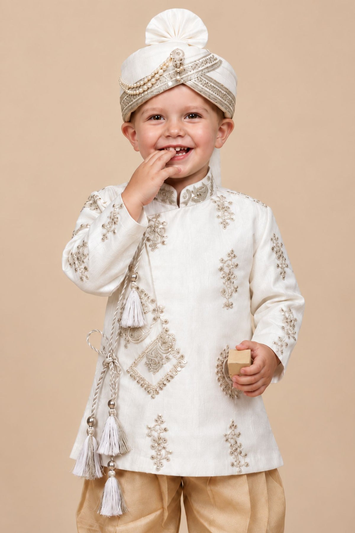 Boys Regal Off-White Intricate Floral Embroidered Dhoti Set