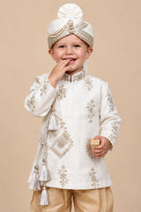 Boys Regal Off-White Intricate Floral Embroidered Dhoti Set