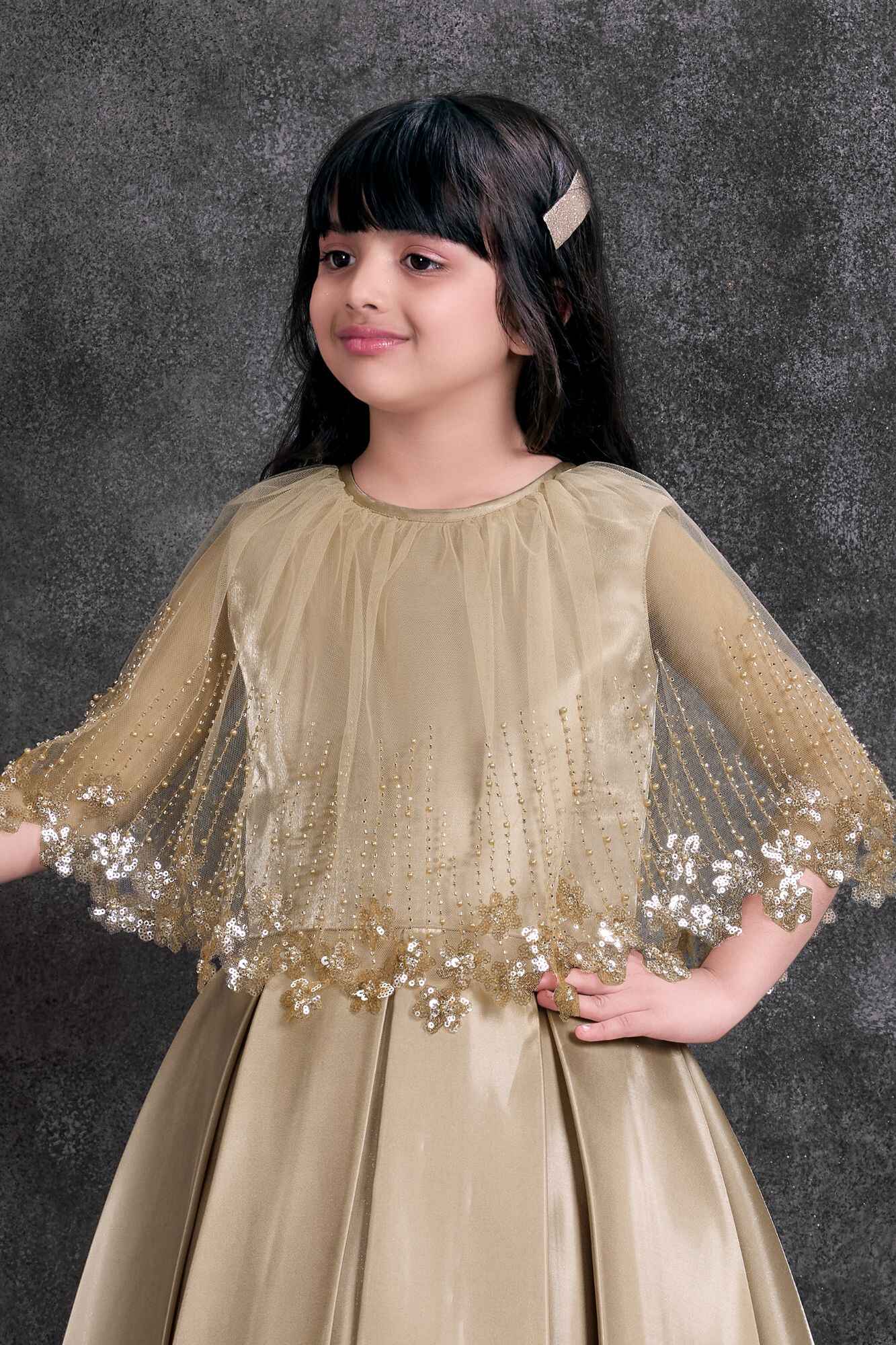 Gold Satin Party Wear Gown with Embellished Net Cape For Girls