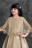 Gold Satin Party Wear Gown with Embellished Net Cape For Girls