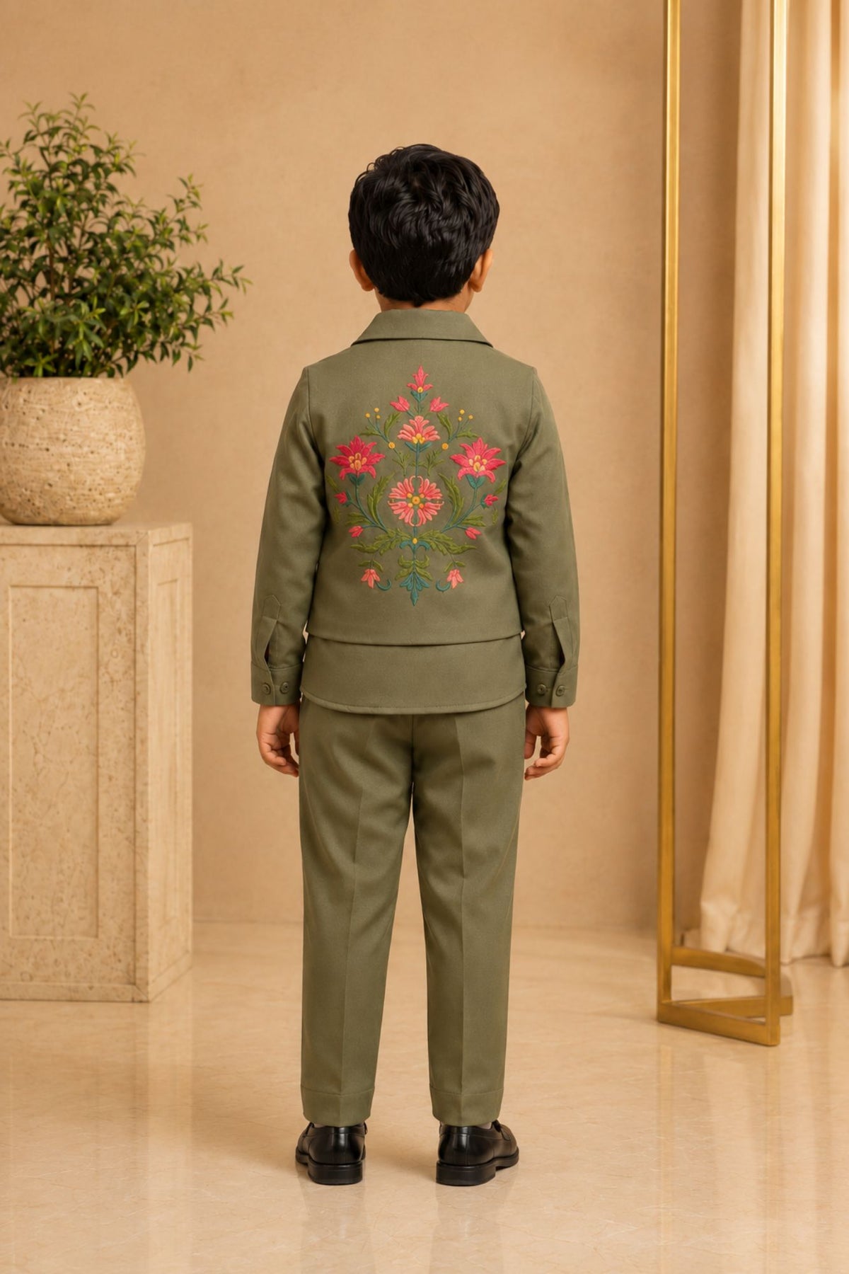 Olive Green Festive Kurta Pyjama Set with Jacket For Boys