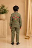 Olive Green Festive Kurta Pyjama Set with Jacket For Boys