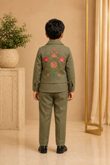Olive Green Festive Kurta Pyjama Set with Jacket For Boys
