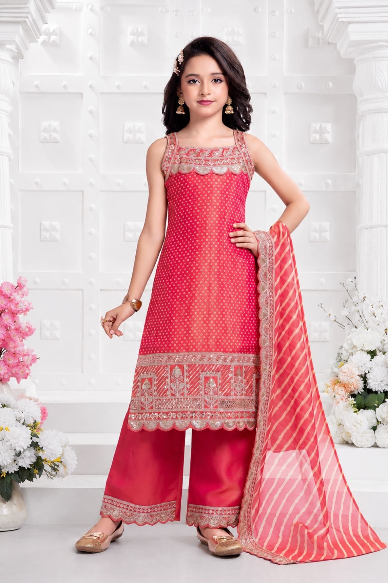 Rani Pink Zari Embroidered Festive Palazzo Set with Dupatta