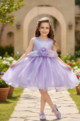 Lavender Shimmer Party Wear Frock with 3D Floral Appliqué For Girls