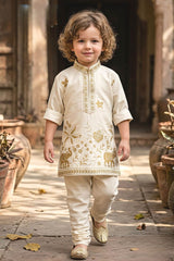 Elegant Boys Ivory With Gold Floral And Elephant Motifs Kurta Set For Festive Wear