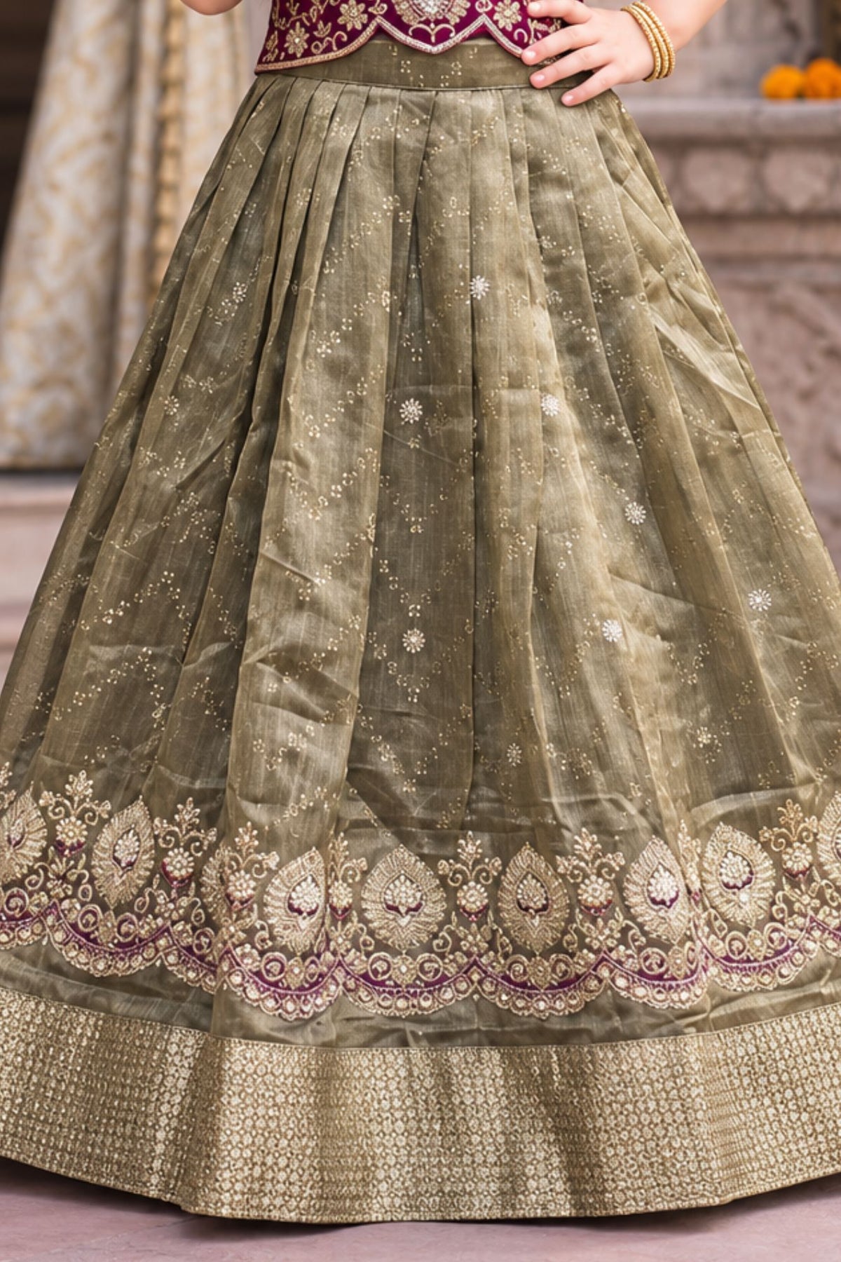 Girls Elegant Wine Embroidered Pattu Pavadai Set