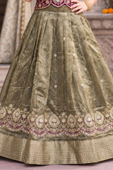 Girls Elegant Wine Embroidered Pattu Pavadai Set