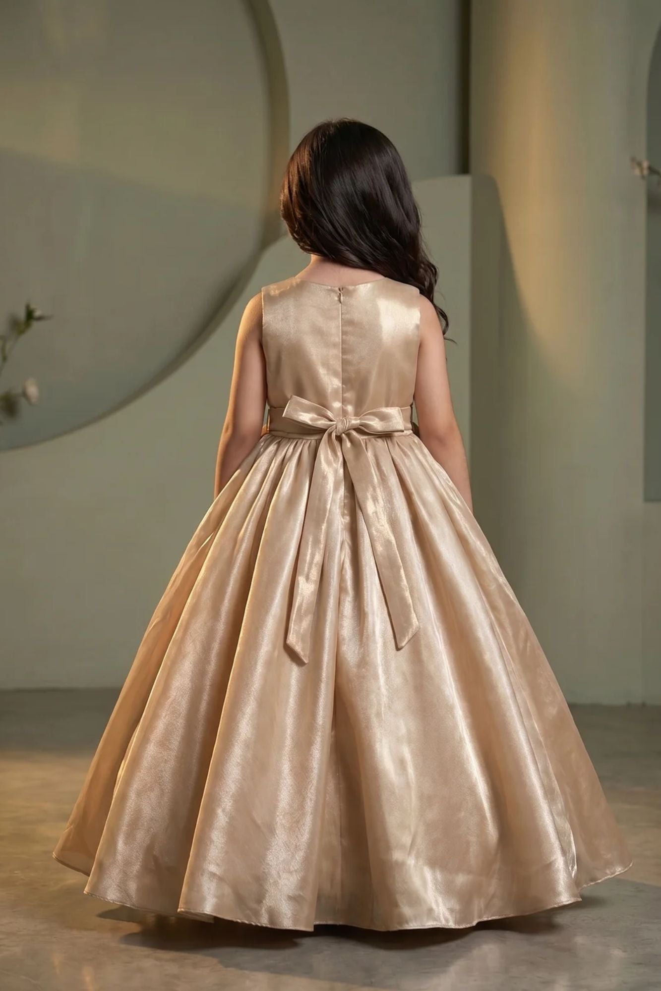 Girls Champagne Gold 3D Flower Applique Ball Gown