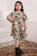 Parrot Green Floral Printed Casual Frock With Bell Sleeves For Girls