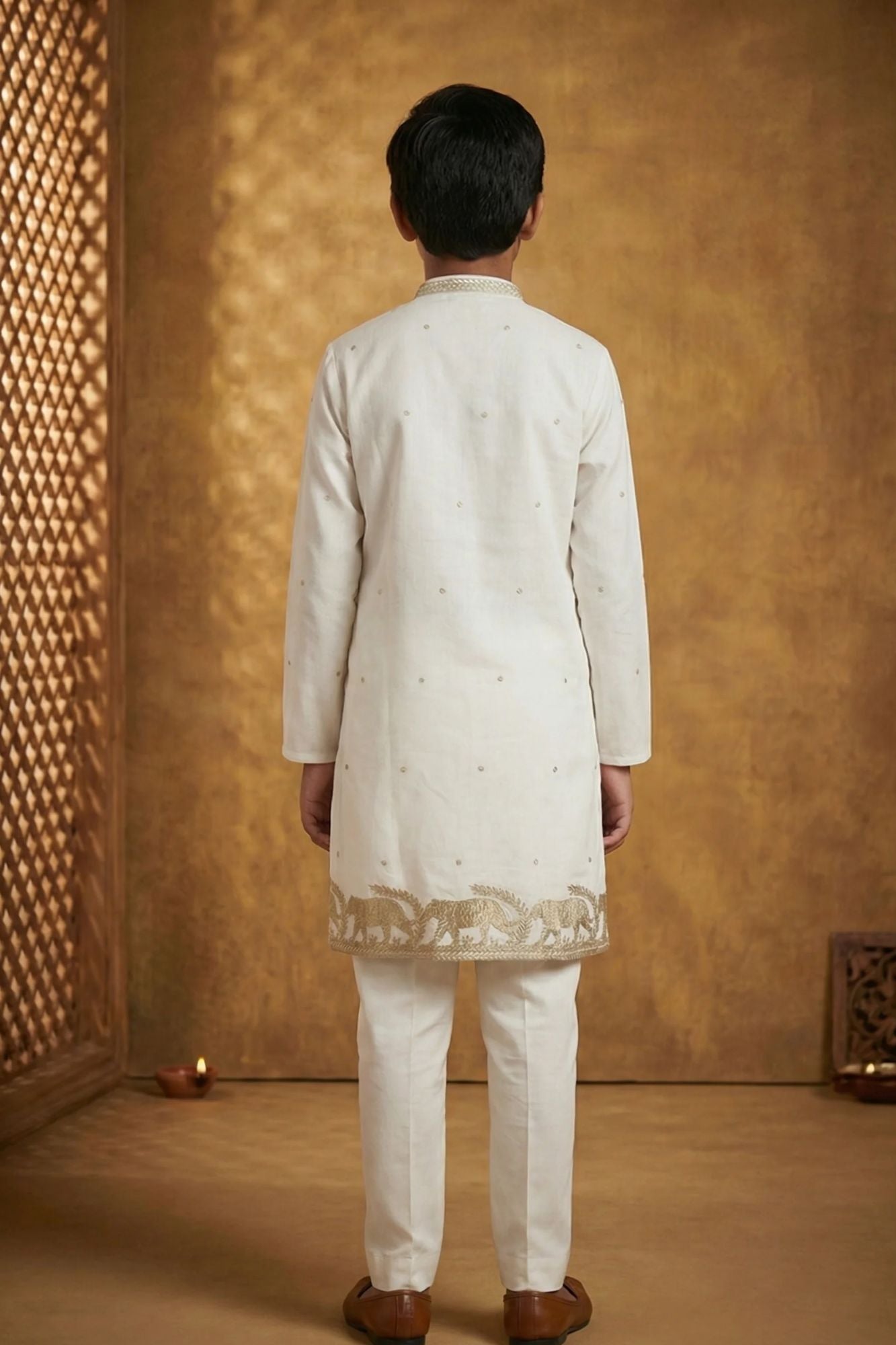 Boys White Kurta Pajama Set With Golden Zari Embroidery And Shawl
