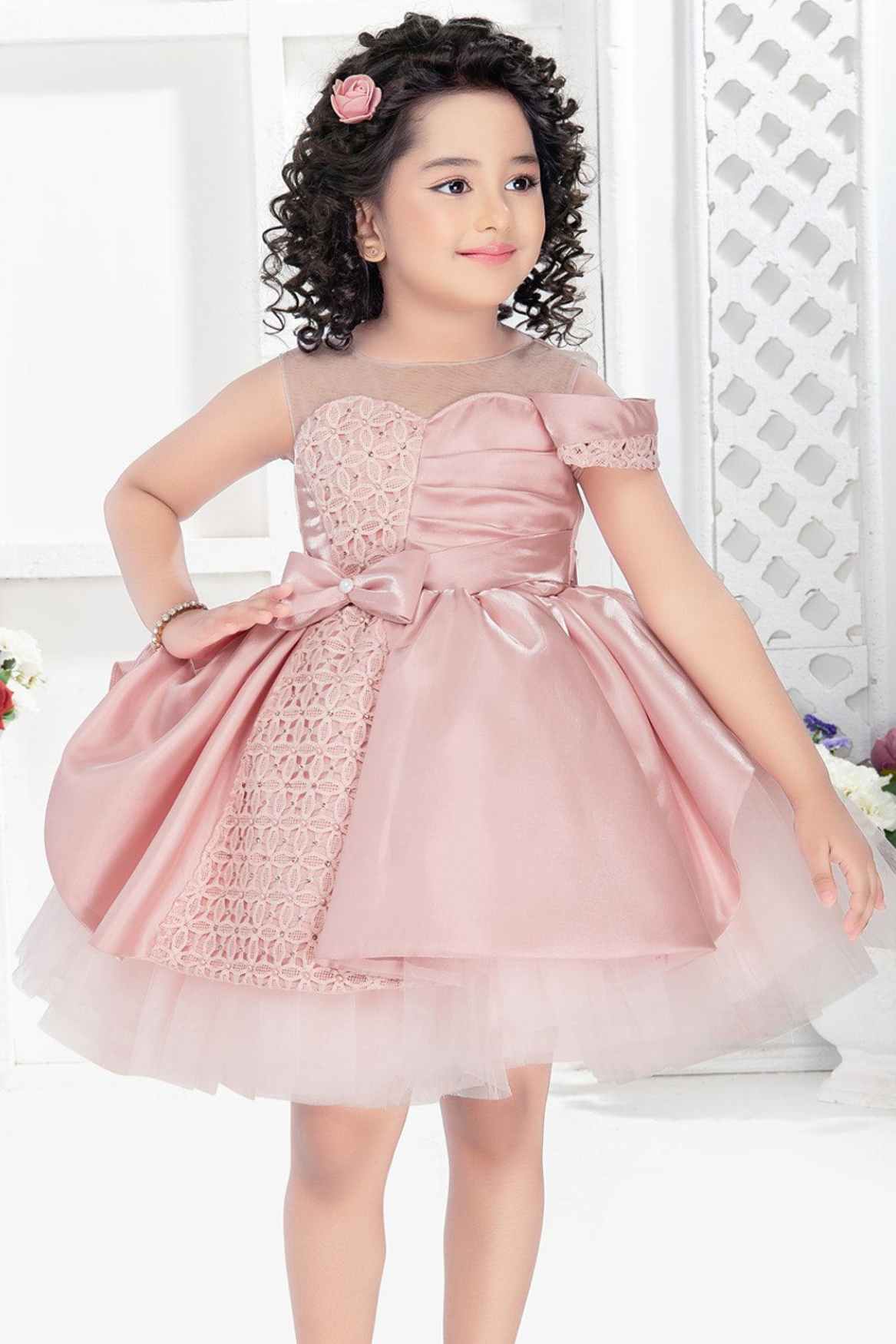 Pretty Peach Bow Embellished Satin Frock For Girls