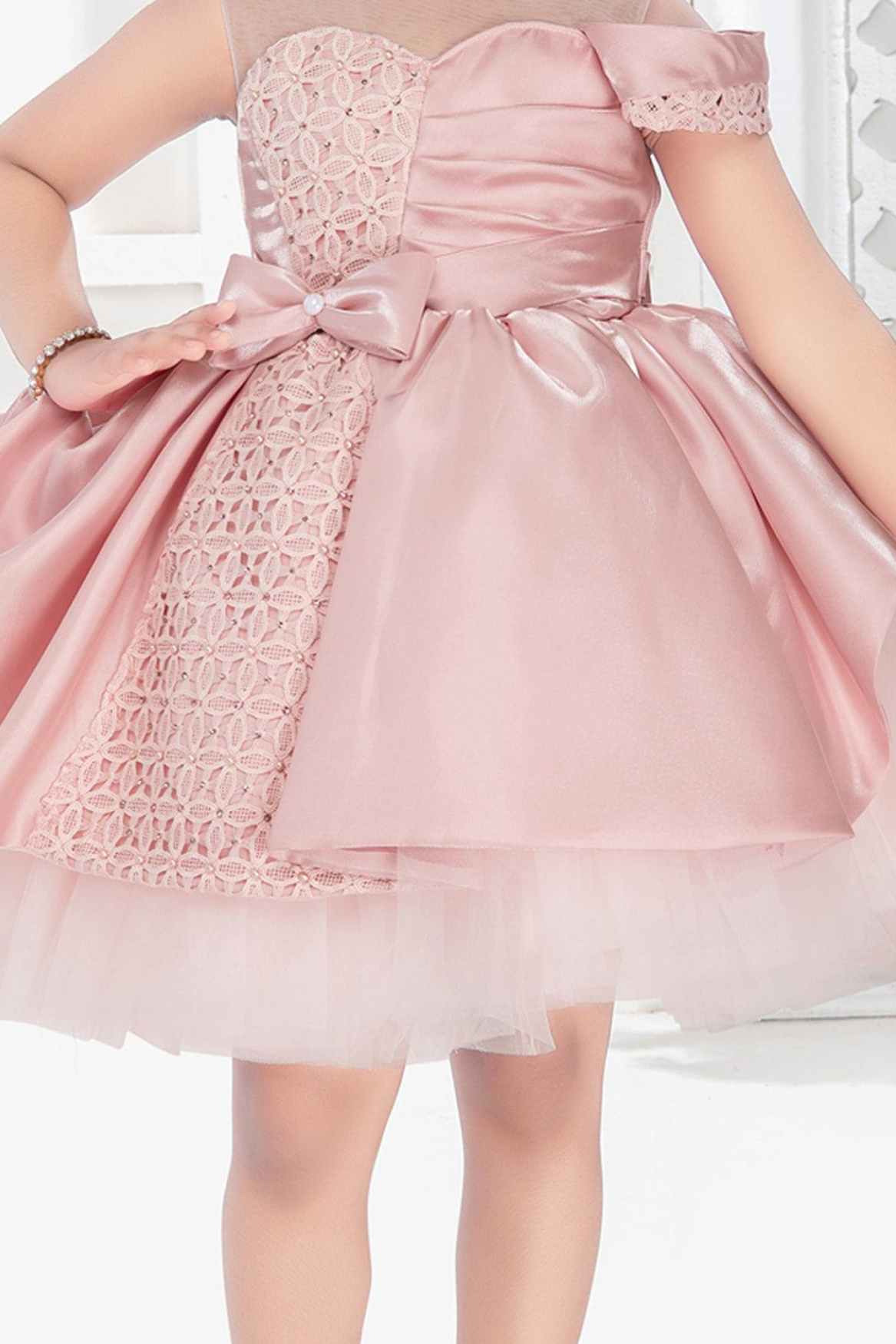 Pretty Peach Bow Embellished Satin Frock For Girls