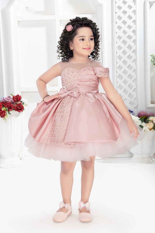 Pretty Peach Bow Embellished Satin Frock For Girls