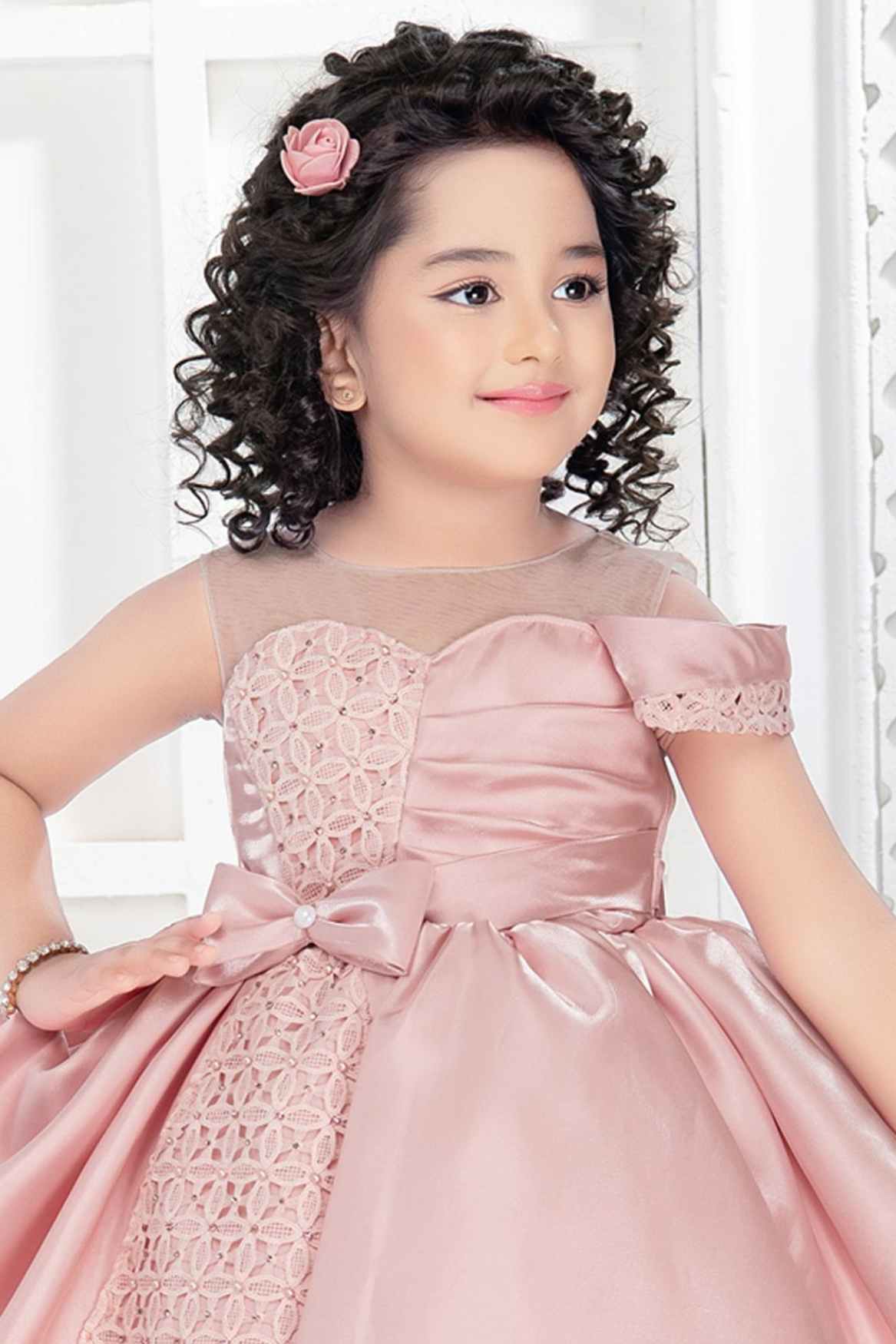 Pretty Peach Bow Embellished Satin Frock For Girls