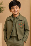 Olive Green Festive Kurta Pyjama Set with Jacket For Boys