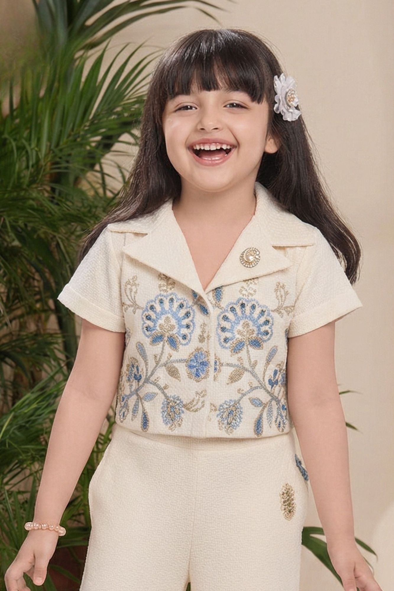 Beige Floral Embroidered Crop Top And Palazzo Set For Girls