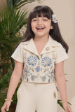 Beige Floral Embroidered Crop Top And Palazzo Set For Girls